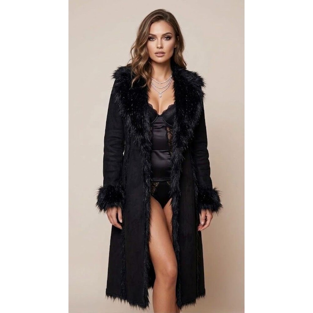 Bebe Faux Fur Coat Midi Long Medium Goth Whimsigoth Hollywood Glam Black Rare